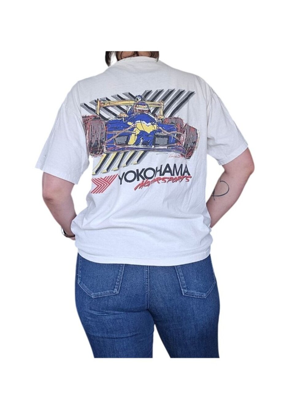 Vintage 90s Yokohama Motor Sports White Graphic T Shirt Worn Men Size M Estimate